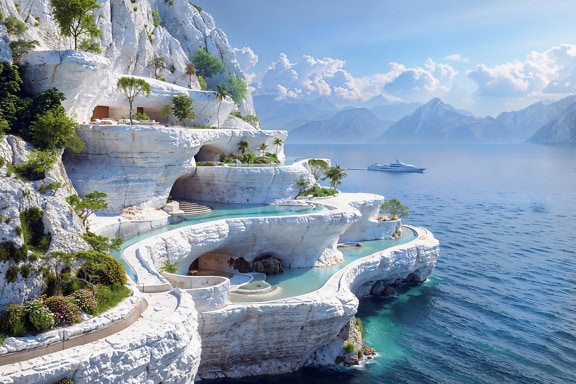 Majestætisk sommerresort ved hvid klippe med swimmingpools og med blåt hav i baggrunden