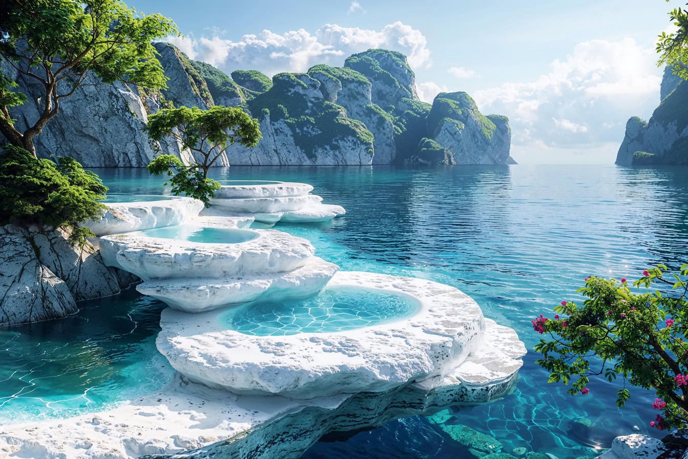 Fotomontáž fantastických vířivek z bílého kamene na pláži s fantazijním panoramatem zálivu z fantazie