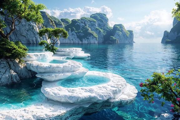 Fotomontaż fantastycznych wanien z białego kamienia na plaży z fantastyczną panoramą zatoki z wyobraźni