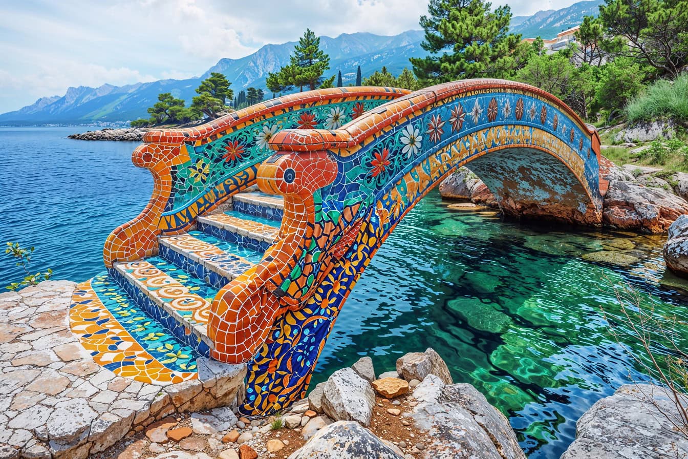 海边的桥上有五颜六色的马赛克，让人想起安东尼·高迪（Antoni Gaudi）的建筑风格，优雅地融合了哥特式和新艺术风格