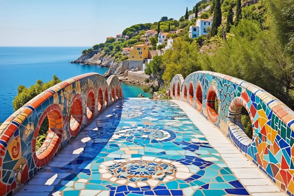 Die Brücke mit ihrem bunten Mosaik erinnert an den Baustil von Antoni Gaudí, eine elegante Mischung aus Gotik und Jugendstil