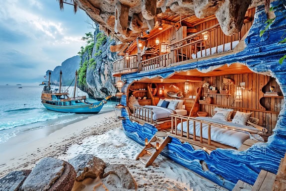 Photomontage sống động của một chiếc giường tầng trong một hang động trên khu nghỉ mát bên bờ biển với chiếc thuyền buồm cũ ở phía sau