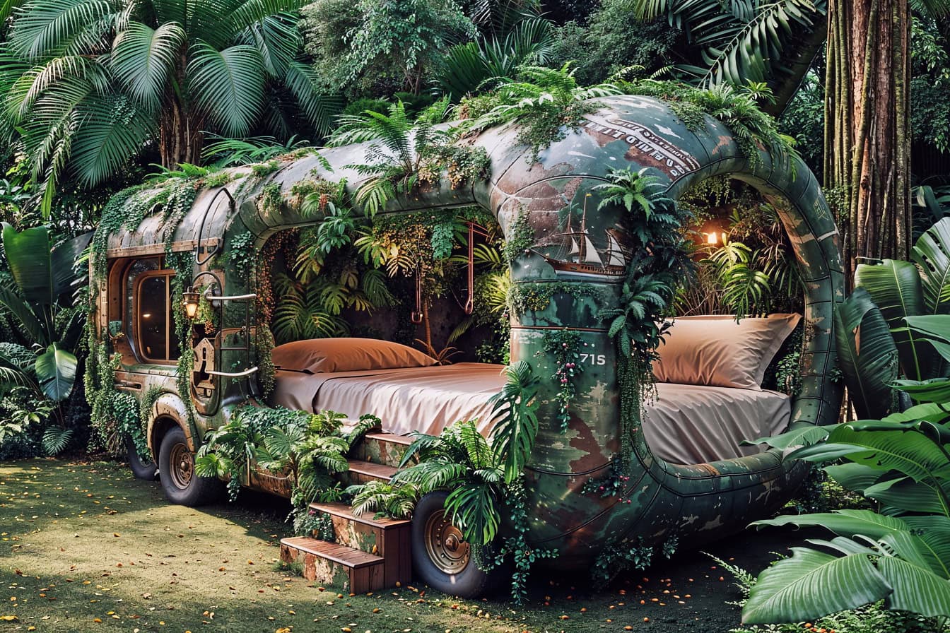 Fotomontage eines postapokalyptischen Wohnmobils, ein Bett im Fahrzeug, umgeben von tropischen Pflanzen im Dschungel