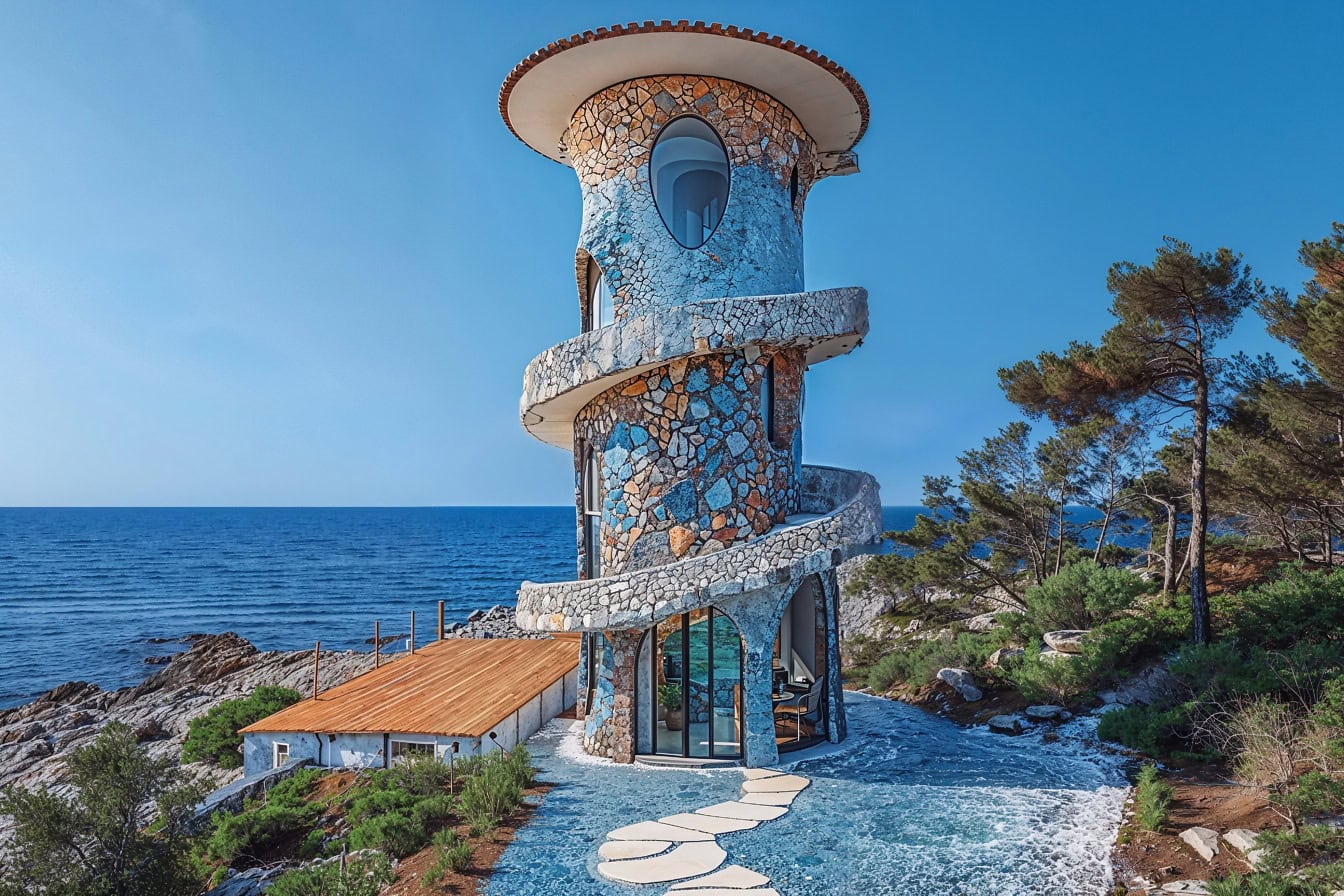 Residential house in a shape of tower on the beachfront in a Gaudi’s architectural style, a perfect blend of Gothic and Art Nouveau style