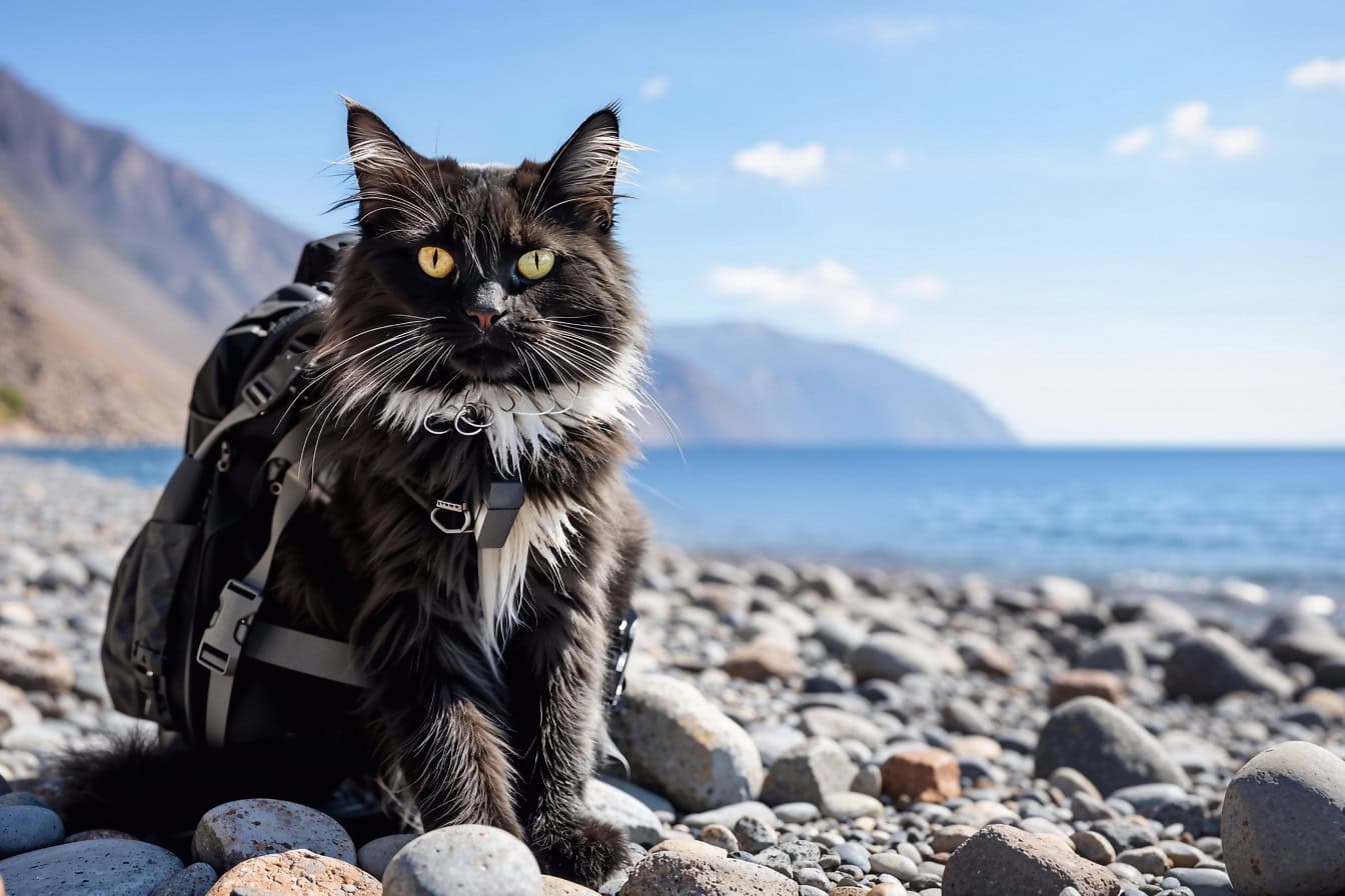 Un gatto bianco e nero con uno zaino sulla schiena si siede su una spiaggia rocciosa