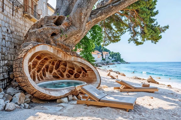 Sahilde oymalı jakuzili ve şezlonglu bir ağaç gövdesi, yaz tatili için mükemmel bir yer