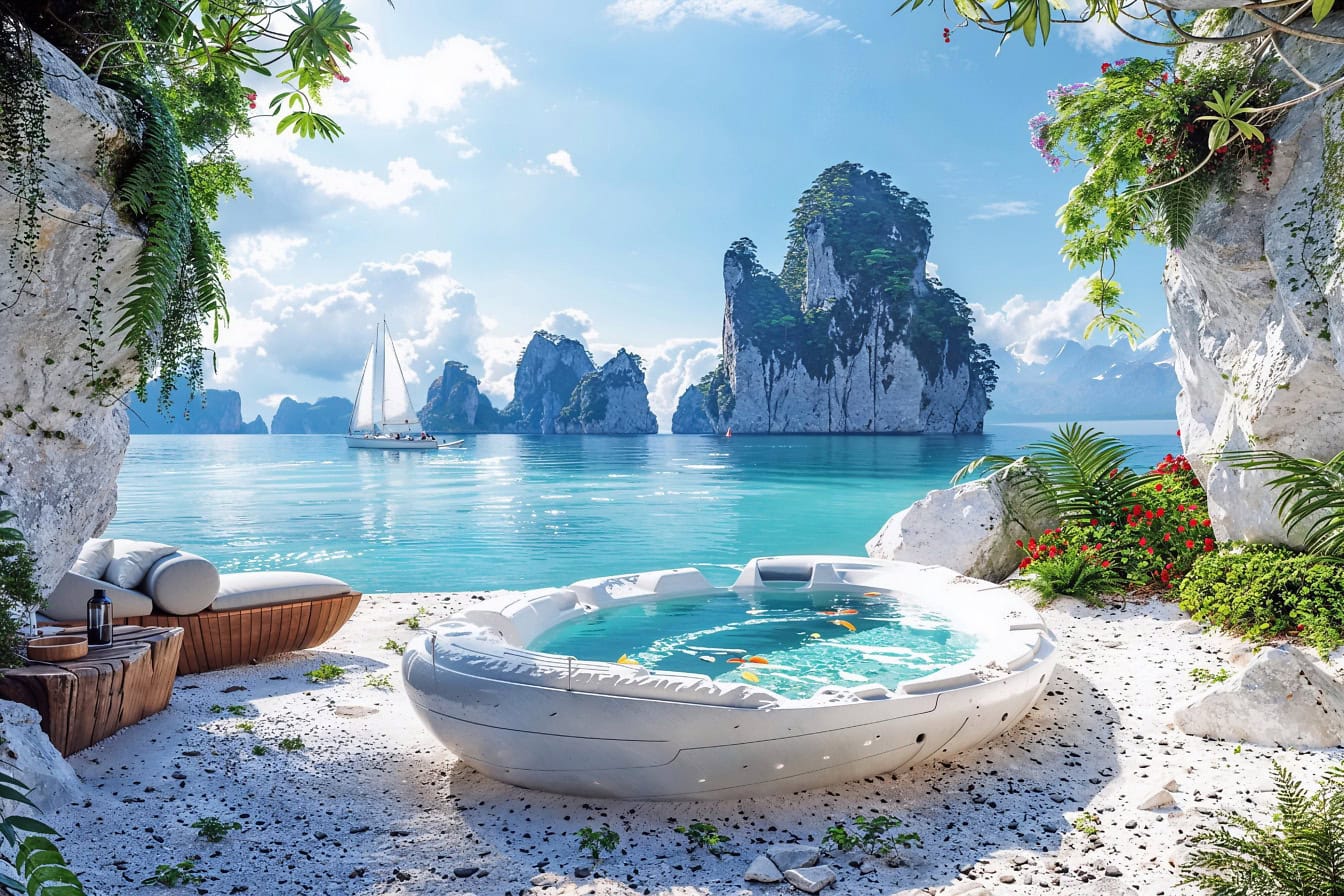 Bak mandi air panas di pantai dengan panorama pulau di teluk, tempat yang sempurna untuk menikmati liburan musim panas Anda