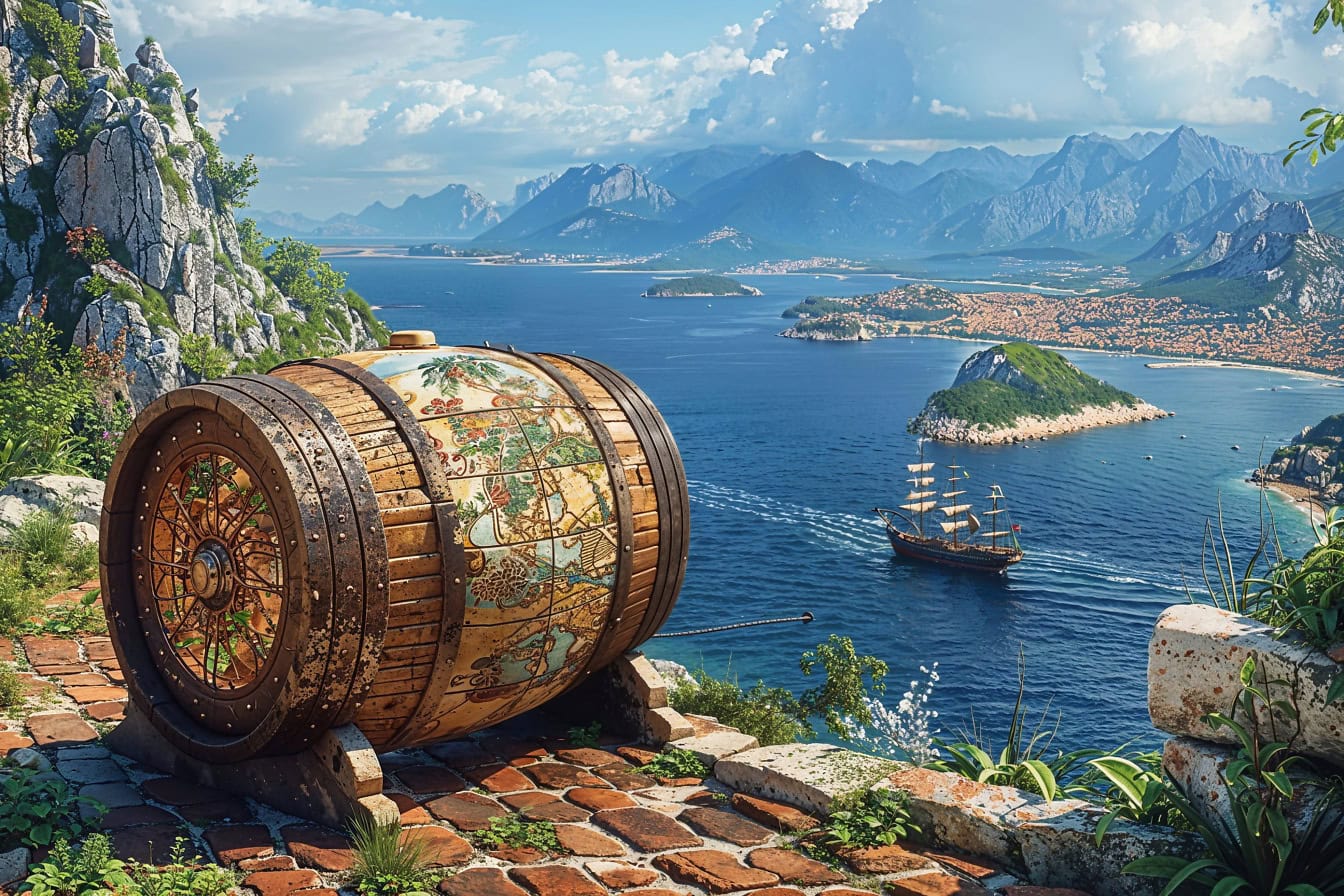 A wine barrel with a map in a medieval maritime style on a ledge overlooking a bay