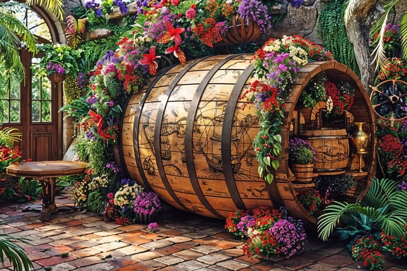 Uma vinícola com um bar de vinhos em forma de um grande barril de madeira cercado por flores dentro do jardim botânico