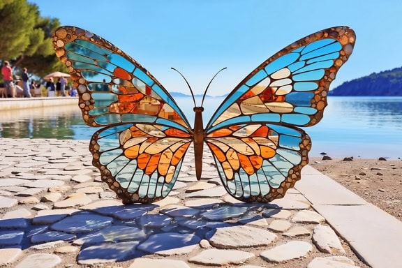 Witrażowa rzeźba przedstawiająca kolorowego motyla ze skrzydłami rozpostartymi na kamiennym chodniku przy plaży
