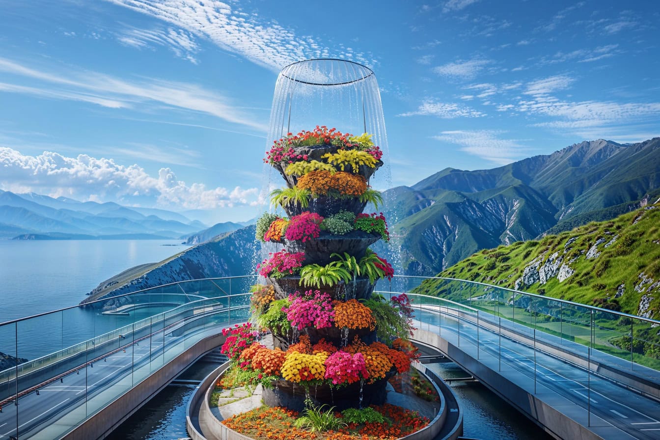 Vyhlídková terasa v horní části budovy s fontánou ovoce a květin a s panoramatem zálivu v pozadí