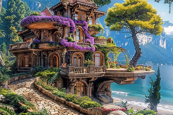Vila dongeng dengan teras di tepi laut