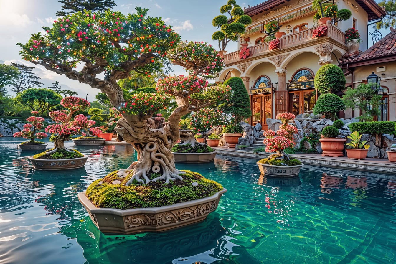 百万富翁别墅前的游泳池中一棵开花的盆景树的照片蒙太奇
