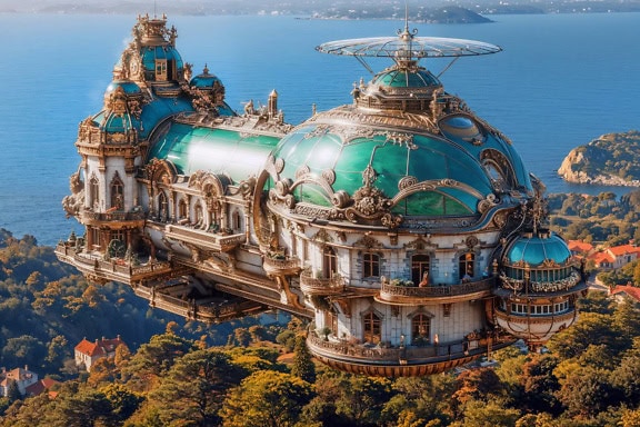 Un photomontage d’un ballon zeppelin de conte de fées en forme de palais victorien survolant la baie