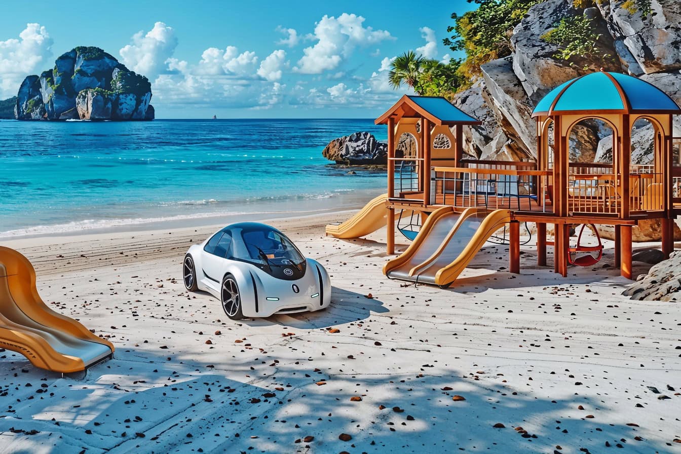 O mașină de jucărie pe un loc de joacă pe plajă într-o stațiune din tropice, un loc perfect pentru o vacanță de vară pentru o familie