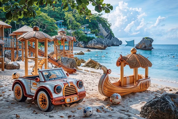 Carro de brinquedo e escorregador em uma praia do mar Adriático