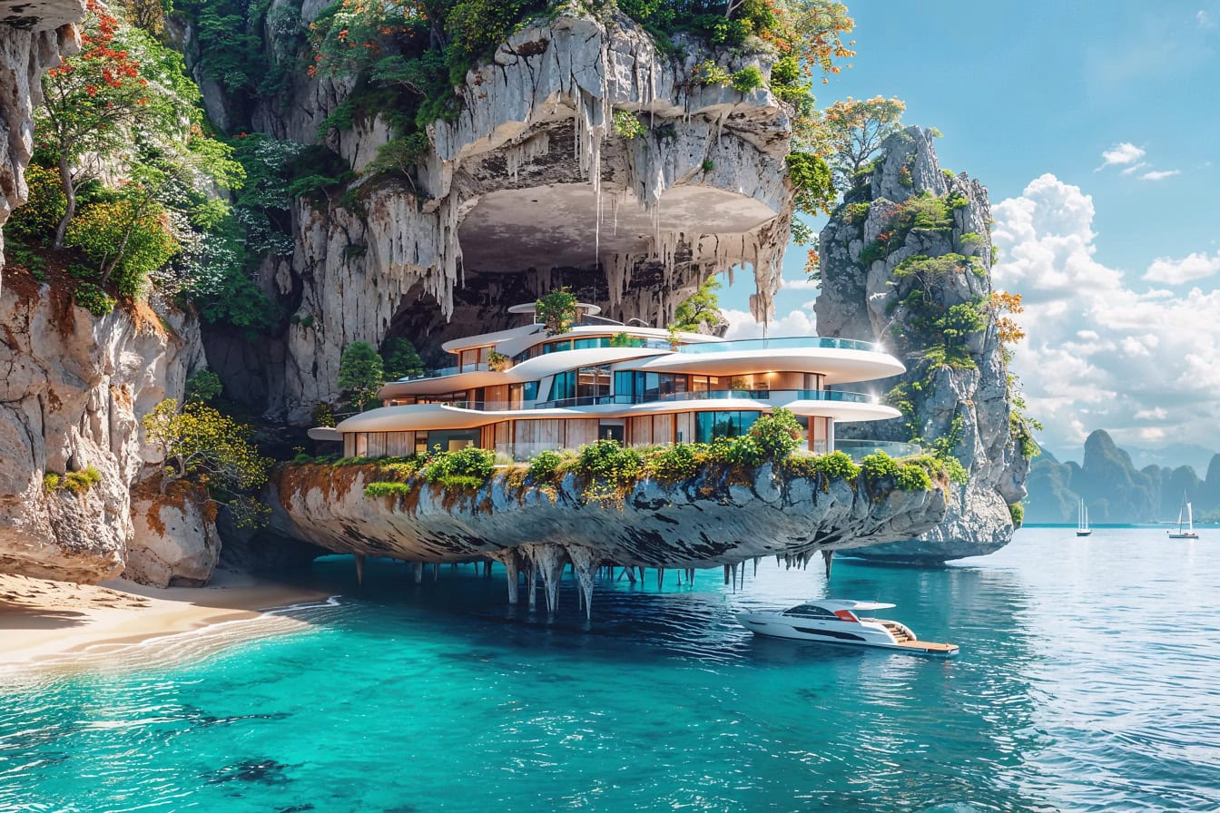 Underbart fotomontage av en villa i en miljardärs utväg på en klippa ovanför havsvattnet