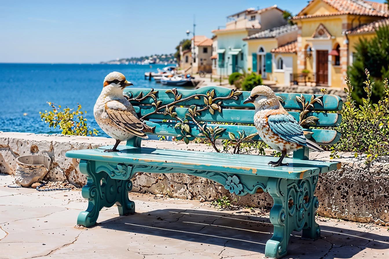Wonderful photomontage of a sculpture of bench with two birds at beachfront