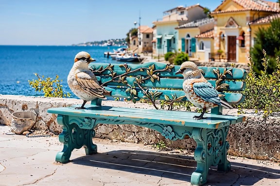Замечательный фотомонтаж скульптуры скамейки с двумя птицами на берегу моря