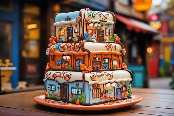 Wonderful marzipan cake in the shape of a three-story cake from a fairy tale with colorful fondant decoration