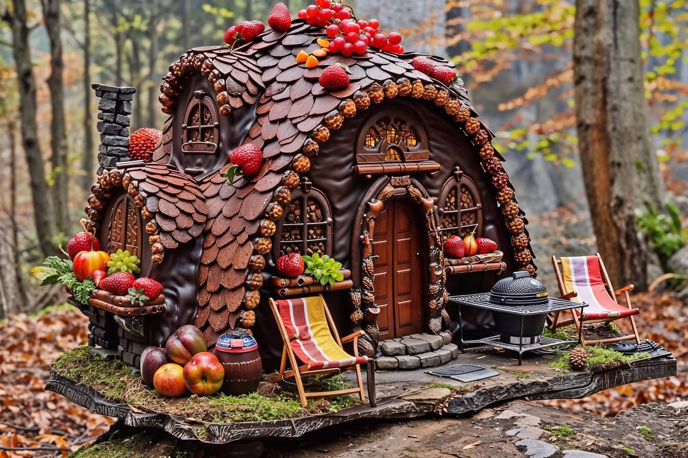 Uma casa de pão de gengibre de conto de fadas coberta com chocolate amargo e com frutas da floresta