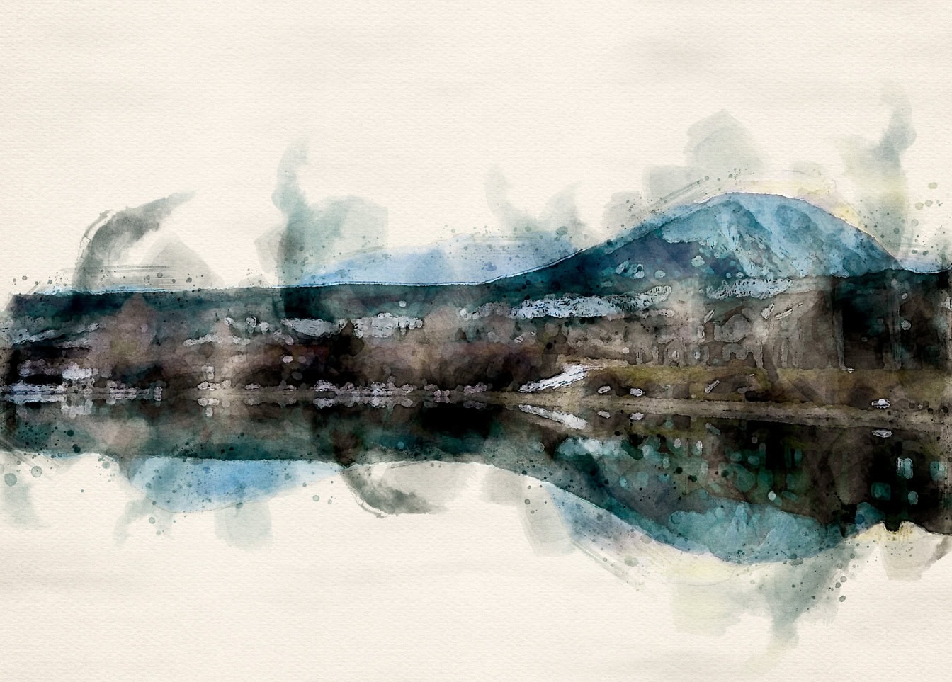 Abstrakt vattenfärg av en sjö med ett berg i bakgrunden