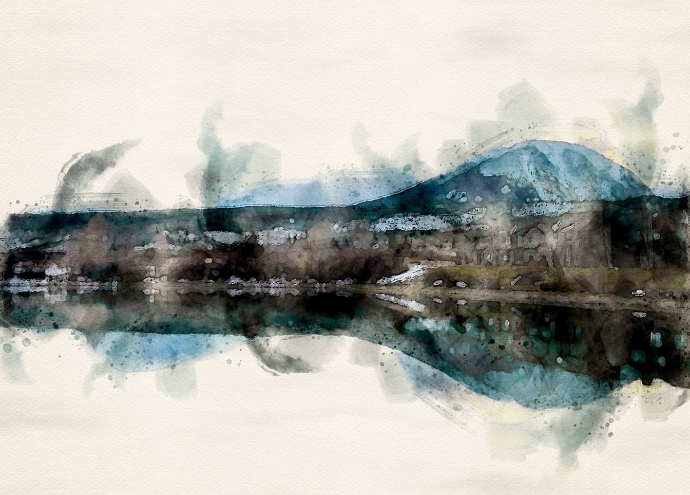 Aquarela abstrata de um lago com uma montanha ao fundo