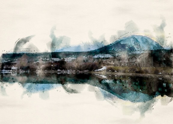 Abstrakti akvarelli järvestä, jonka taustalla on vuori