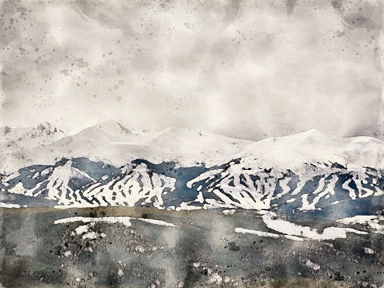 Abstrakt akvarelmaleri af en bjergkæde med sneklædte bjergtoppe