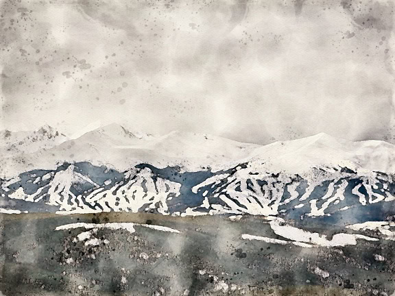 Karlı dağ zirveleri olan bir dağ silsilesinin soyut suluboya resmi