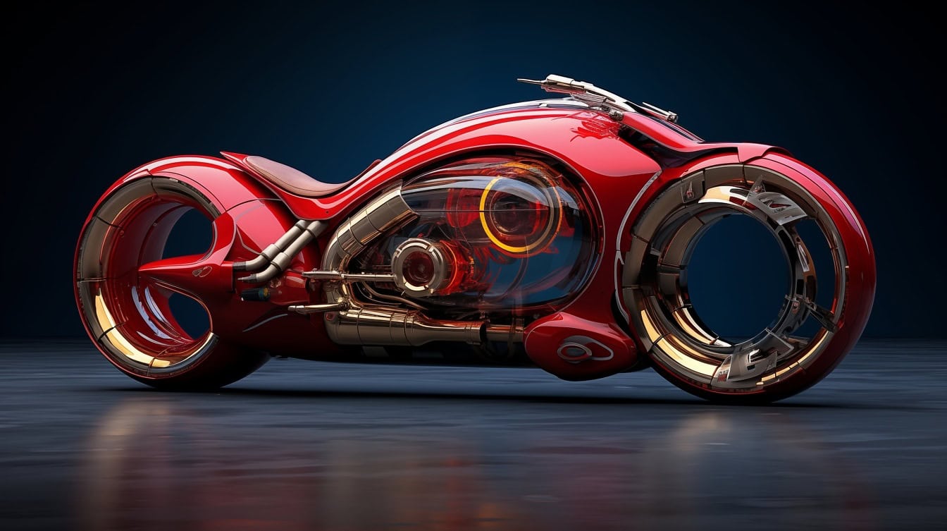 Futuristinen konsepti tummanpunaisesta ja kultaisesta älykkäästä sähkömoottoripyörästä, jossa on hehkuva moottori, joka saa voimansa tekoälyn hallitsemasta sähköfuusiosta