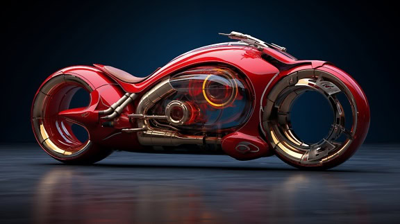 Konsep futuristik sepeda motor listrik pintar merah tua dan emas dengan mesin bercahaya yang ditenagai oleh elektrofusi yang dikelola oleh kecerdasan buatan