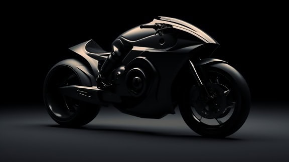 Verso il futuro, l’evoluzione di una motocicletta smart nera alimentata dall’intelligenza artificiale con sfondo nero