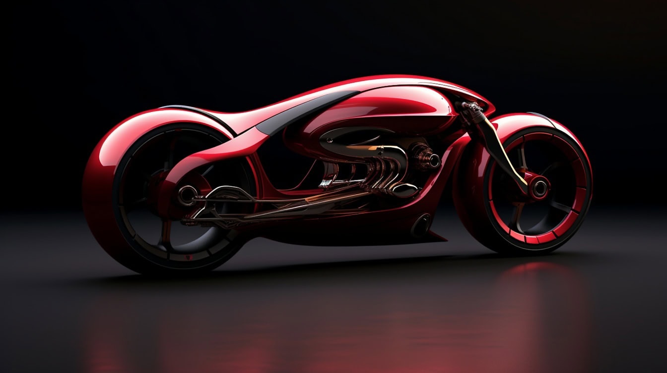 Sideview of a futuristic concept of an Ai powered glossy red motorcycle with black accents