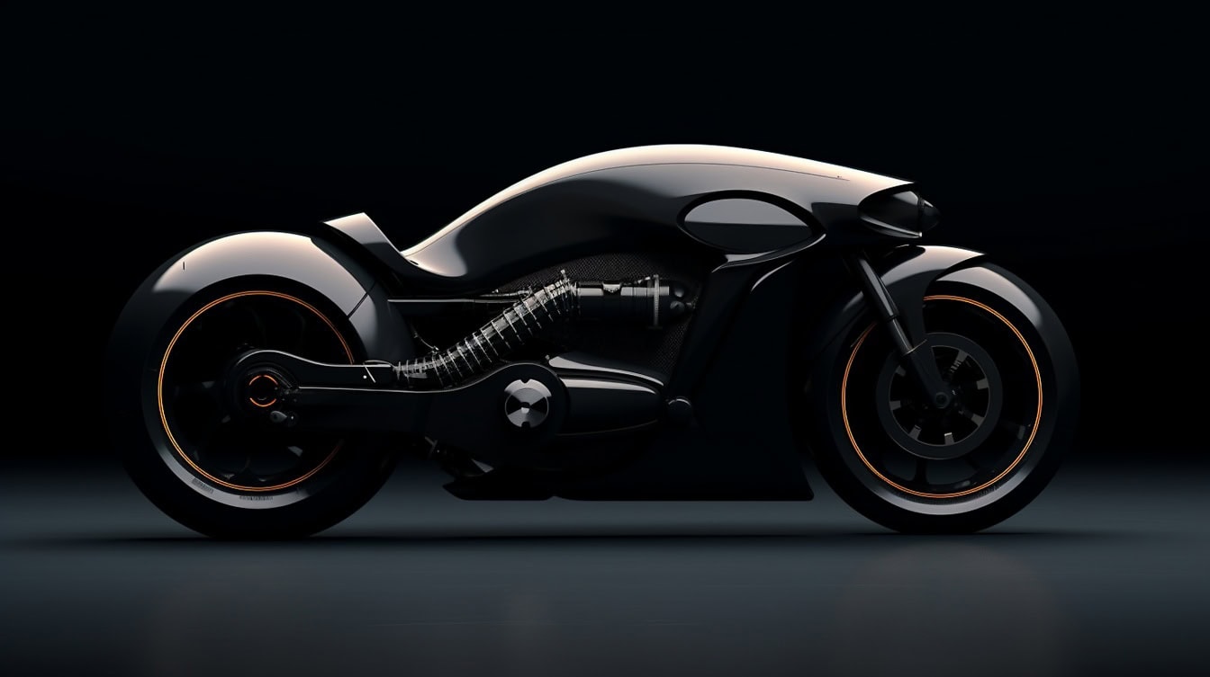 Concept futuriste d’une moto noire intelligente dotée d’une intelligence artificielle avec des jantes orange, et