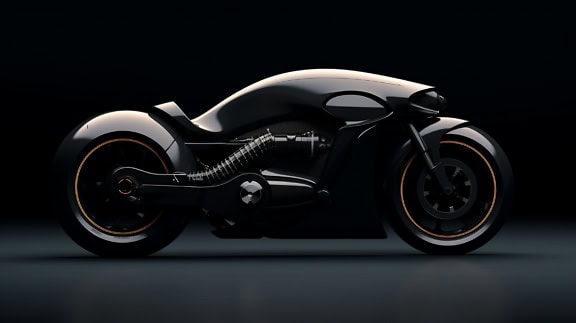 Concetto futuristico di una motocicletta nera intelligente con intelligenza artificiale con cerchi arancioni, e