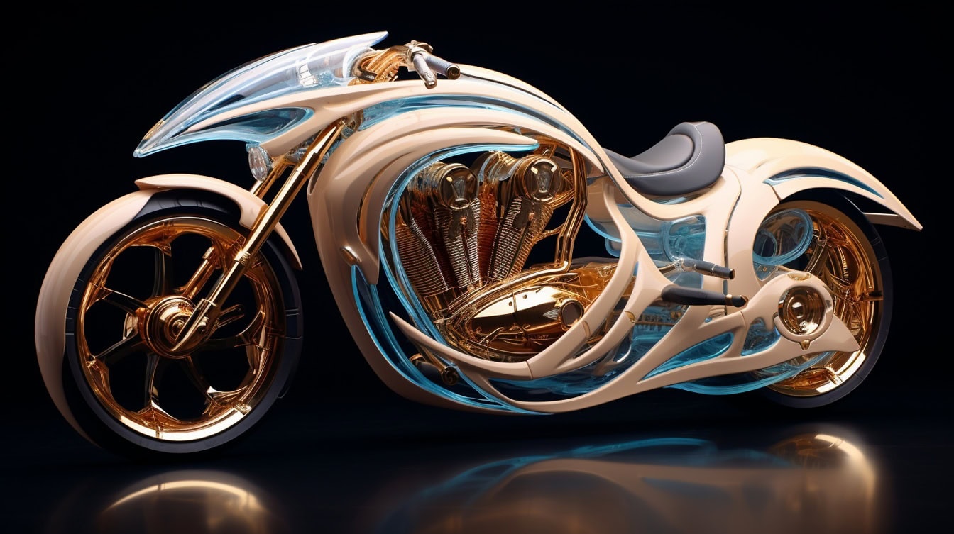 3D-illustratie van een concept van een supermotorfiets uit de toekomst uitgerust met een gouden motor aangedreven door fusie