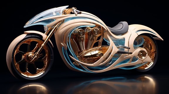 3D иллюстрация концепта супермотоцикла из будущего, оснащенного золотым двигателем, работающим на термоядерном синтезе