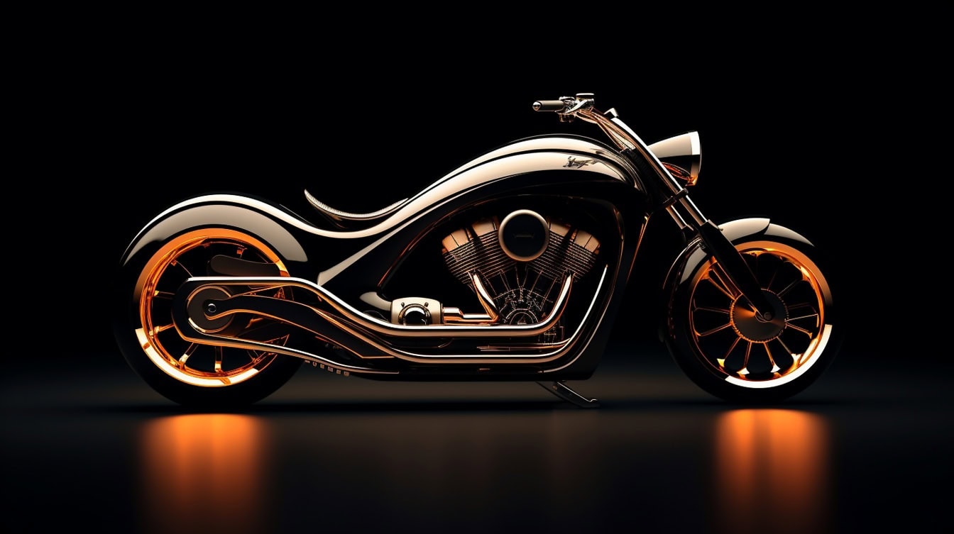 Fantasieconcept van een zwarte en gouden motorfiets in retro stijl met vier cilinders op een donkere achtergrond