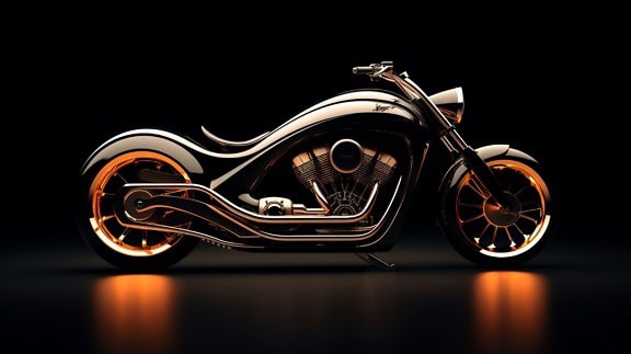 Fantasikoncept av en svart och guldfärgad motorcykel i retrostil med fyra cylindrar på en mörk bakgrund