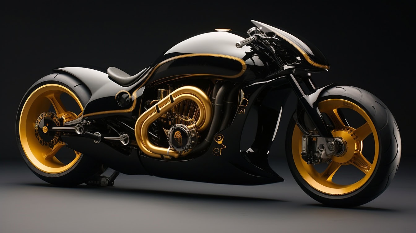 Motocicletă electrică inteligentă neagră și aurie, design concept futurist