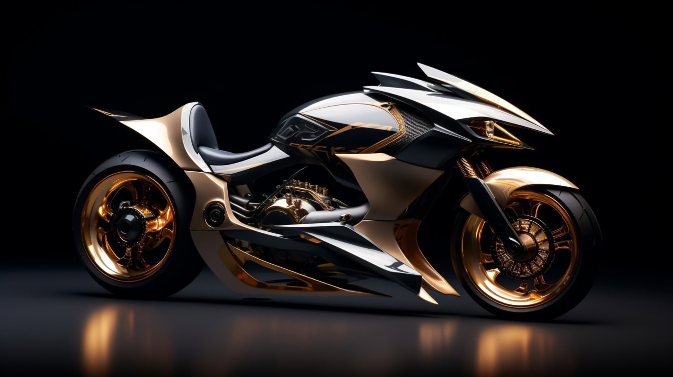 Grafische illustratie van een futuristisch concept van een slimme elektrische zwarte en gouden sportmotorfiets