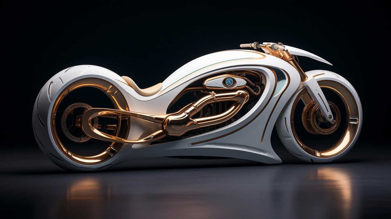 Fantasy concept of a white and gold smart electric motorcycle powered by electrofusion