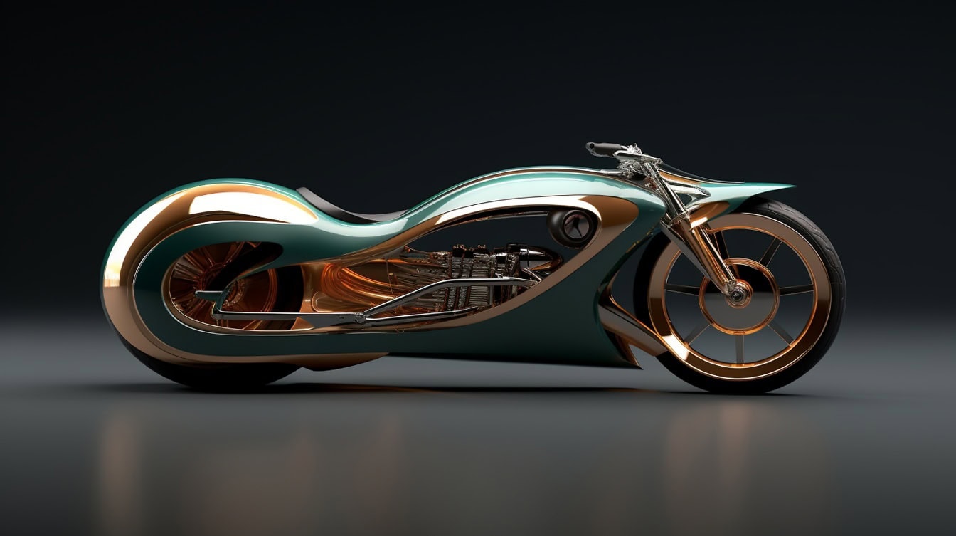 Ein digitales 3D-Modell eines futuristischen Konzepts eines grün-goldenen Motorrads in einem dunklen Raum
