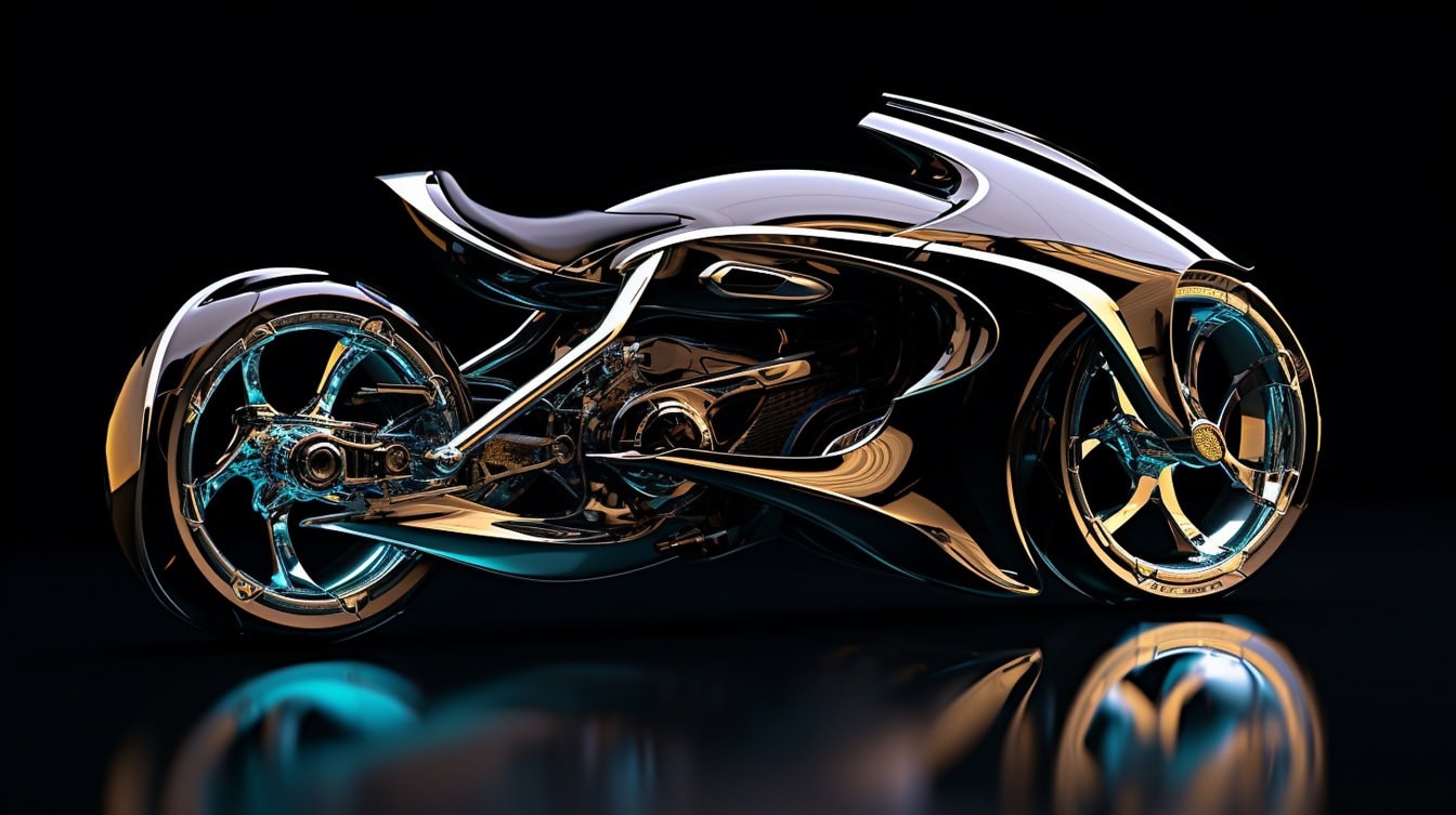 3D-grafikk av en skinnende supermotorsykkel på en reflekterende overflate, en elektrofusjon fra fremtiden, futuristisk konsept av en upåklagelig motorsykkel