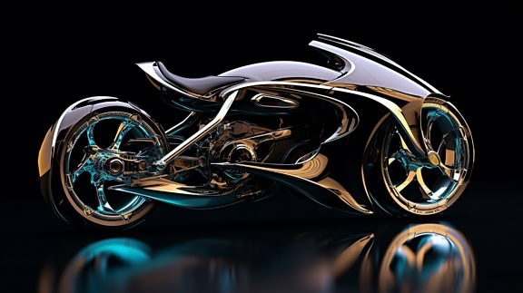 闪亮的超级摩托车在反射表面上的3D图形，来自未来的电熔，无可挑剔的摩托车的未来主义概念