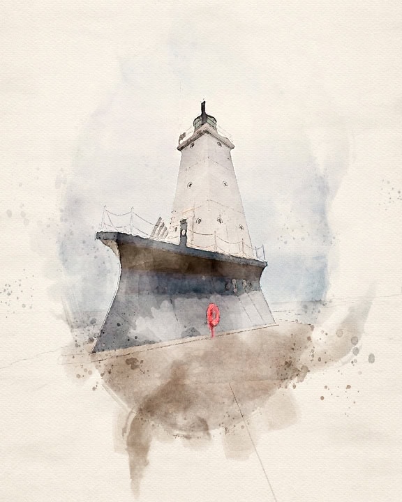 Abstract watercolor painting of a lighthouse on white drawing paper