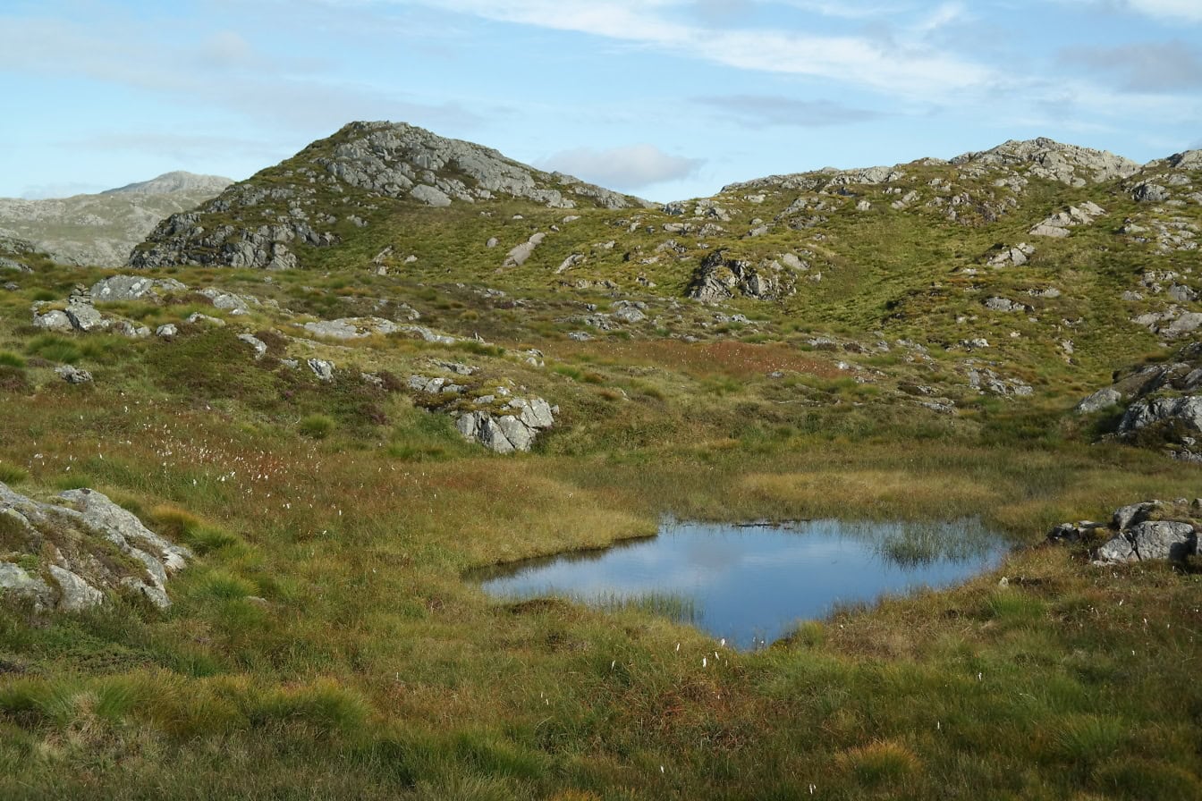 Panorama över nordiska berg med liten sjö i ett gräsbevuxet område