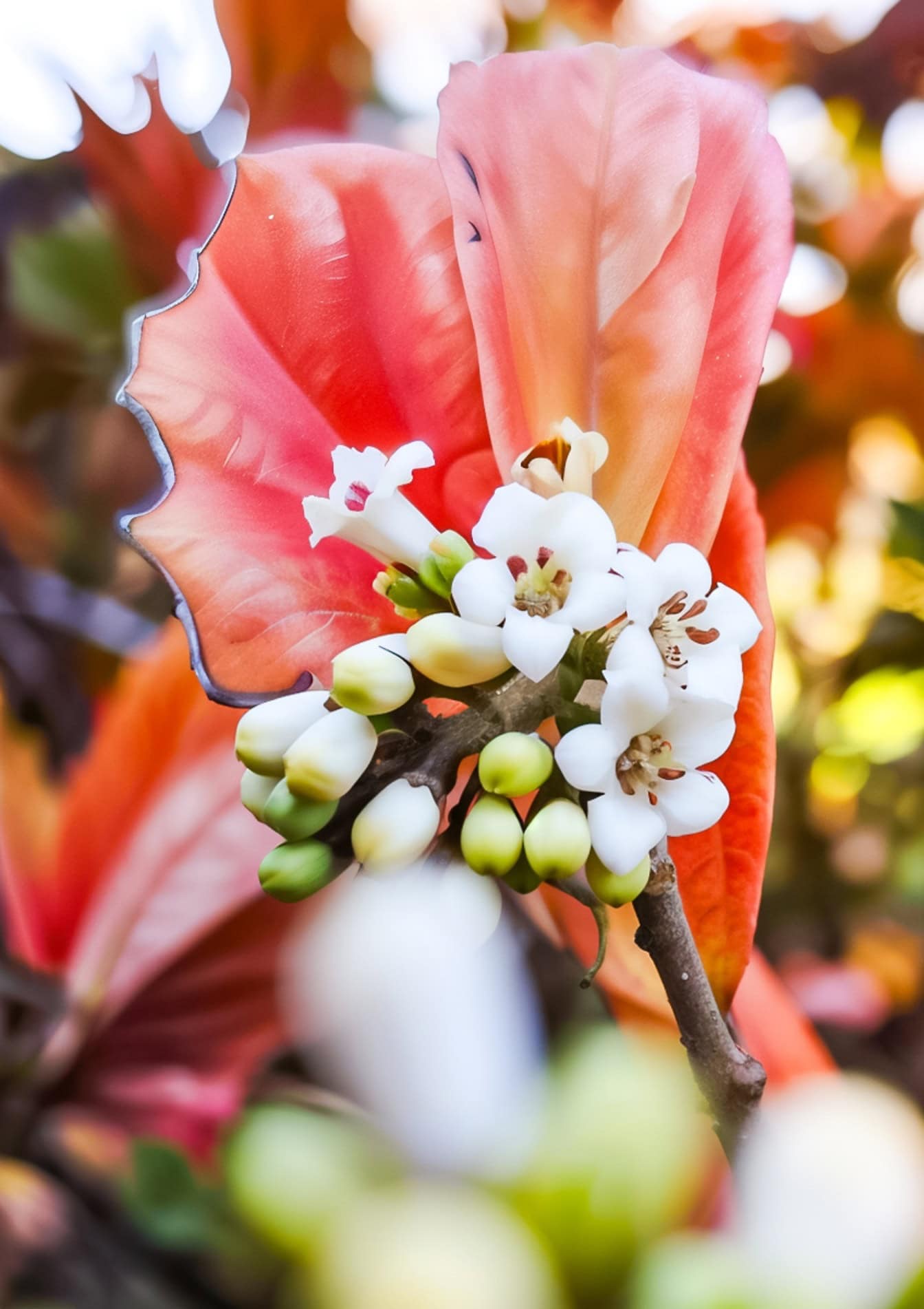 Primer plano de flores de arbusto blanco con hojas rojizas