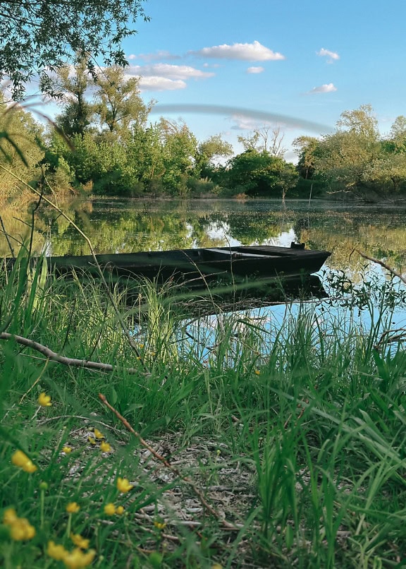 Magnific pe malul lacului, cu o barcă din lemn negru pe un țărm ierbos